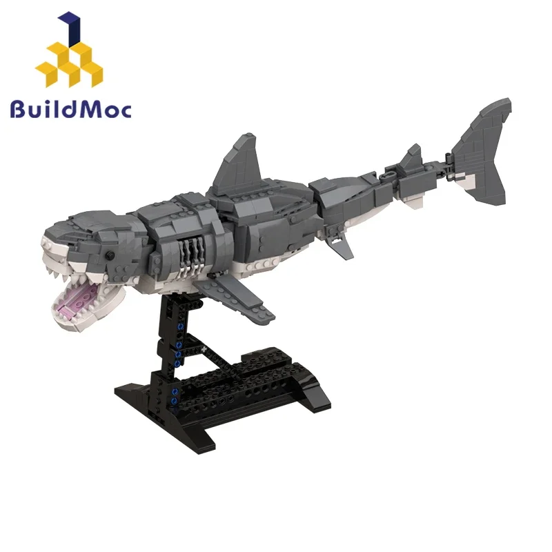 BuildMOC 7 في 1 دولفين Megalodoned الأسنان المحيط أفرلورد القرش الأبيض العظيم بنة مجموعة الأسماك الحيوان لتقوم بها بنفسك لعبة الطوب هدية طفل