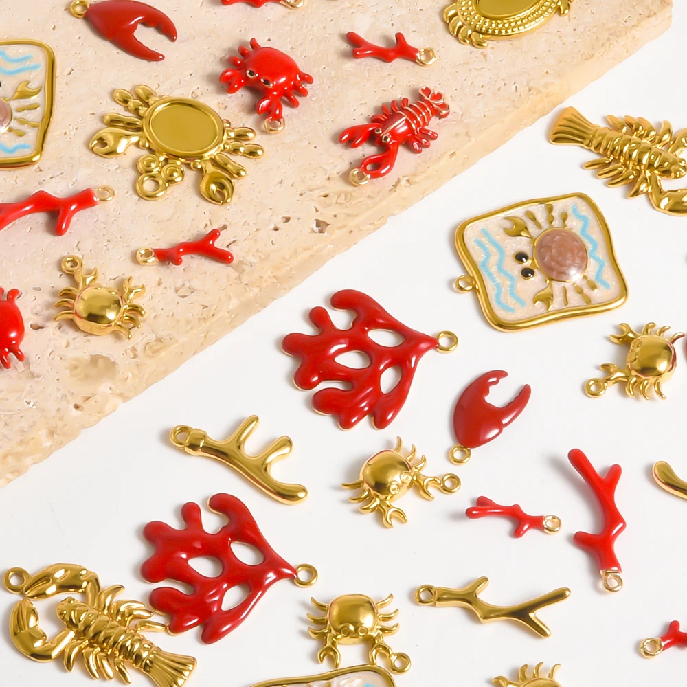 NONE Pendentif Animal marin en acier inoxydable, homard, crabe, poisson de corail, goutte d'huile, bijoux, bricolage, collier, boucle d'oreille, accessoire 5 pièces/lot