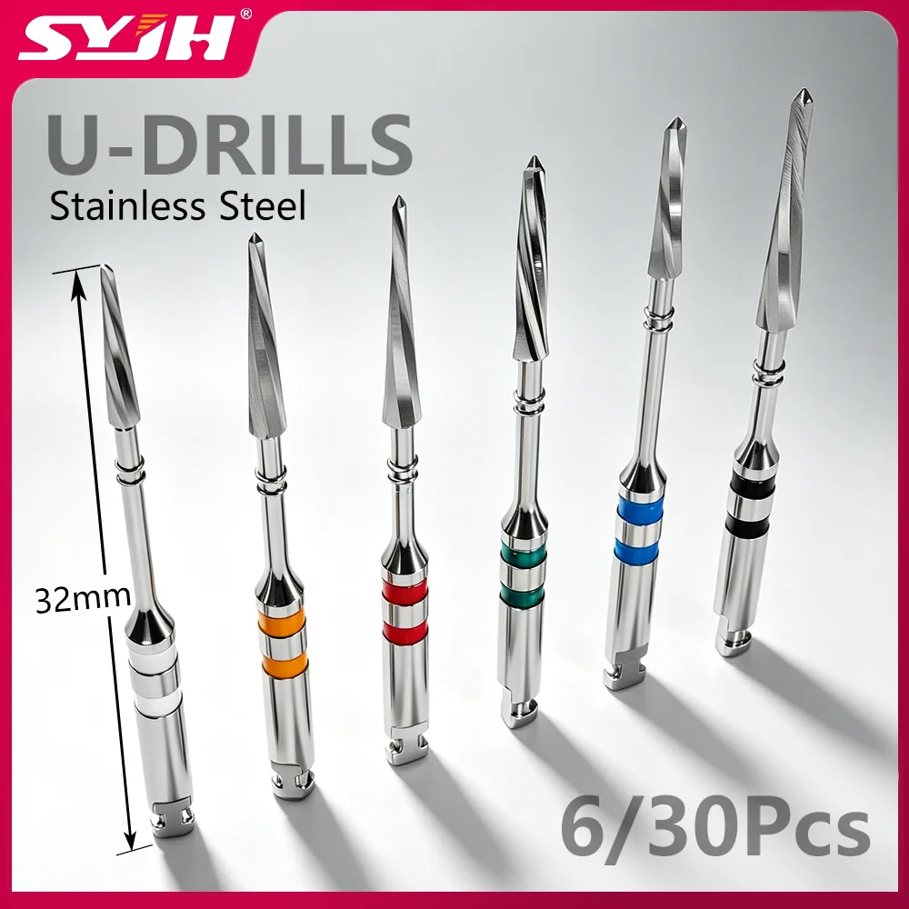 SYJH Dental Post Drills Set 6/30Pcs: Stainless Steel Reamers & U Drills 32mm For Screw Post & Fiber Post Clinic Lab Dentist Tool