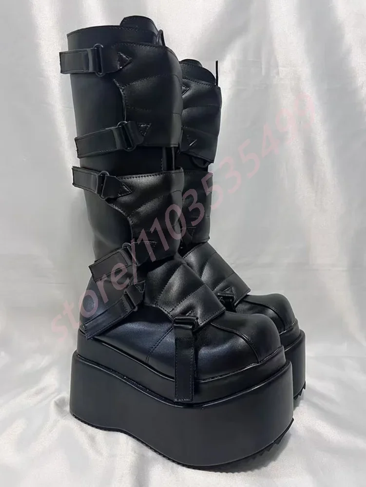 

Punk Black Platform Bread Belt Buckle Boots 2025 New Round Street Rock Motorcycle Boots Party Sports Casual Women's Knight Boot