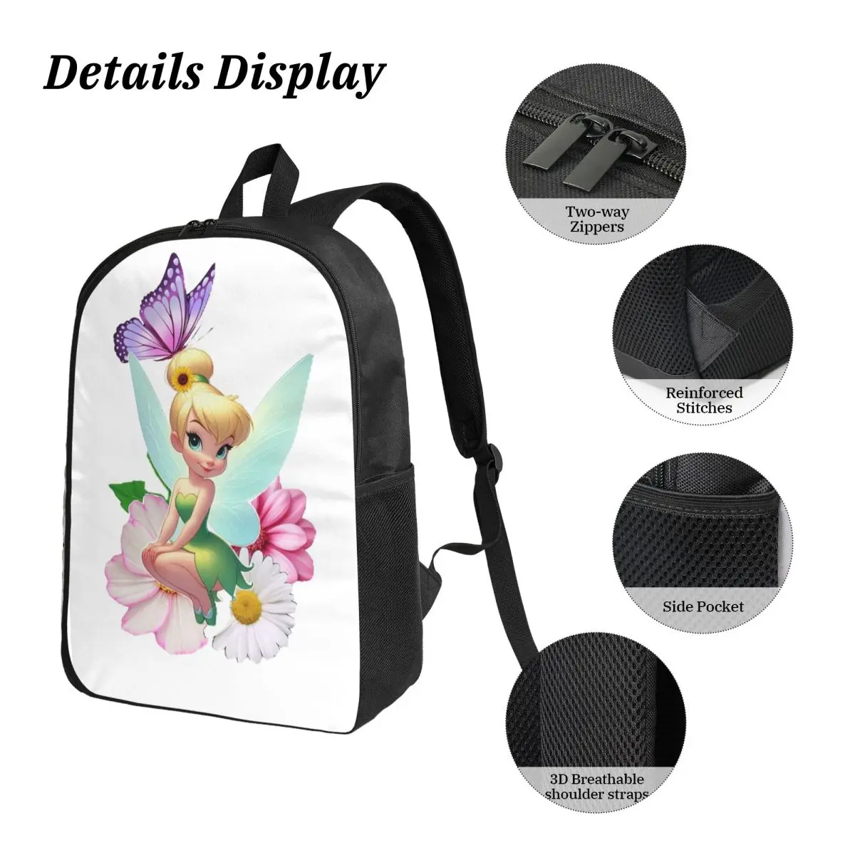 تينكر بيل أجنحة القوس بيتر بان ظهره صبي الفتيات BookBag حقيبة مدرسية حقائب كتف الكمبيوتر 3ps معزول حقيبة الغداء مقلمة