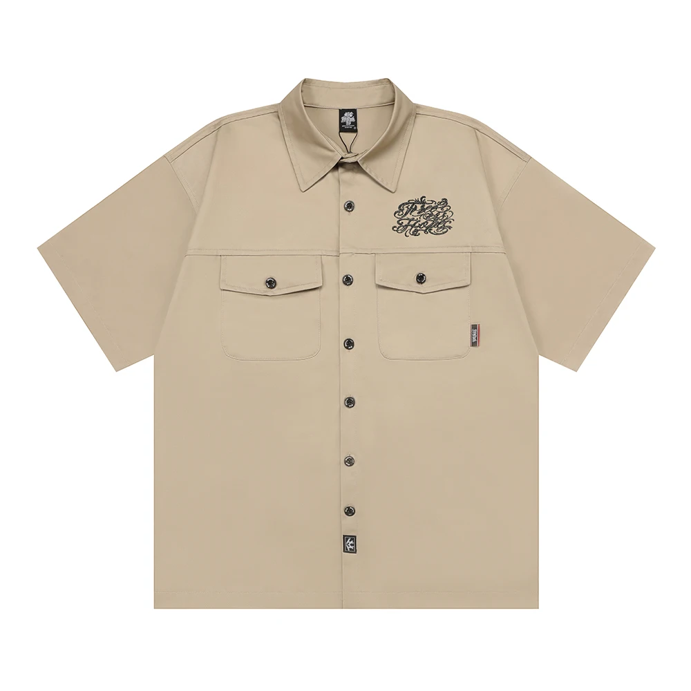 Golden Thread Holy Mother Heavy Industry Embroidered Loose Workwear Shirt Mens Short Sleeve Cotton Loose Baggy Top Tees