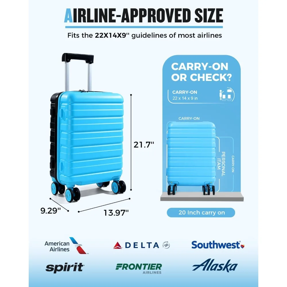 مجموعة أمتعة حمل ذات هيكل صلب معتمدة من شركة الطيران مقاس 20 بوصة مع عجلات، وأبعاد 22 × 14 × 9، بما في ذلك حقيبة مستحضرات التجميل، وبدلة السفر