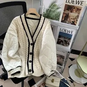 KUSAHIKI Knitted Patchwork Causal Women Parka Coat Korean Long Sleeve Single Breasted V-neck Jacket 2023 Autumn Winter Parkas