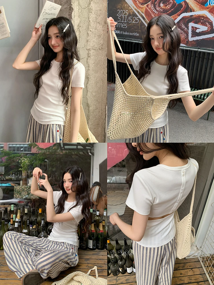 

Summer New Women's round Ne ort Sve T-irt Bal Design oulder Width Regular Sle White Color Slim Fit Top