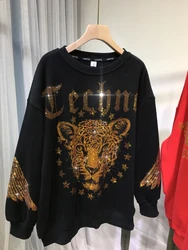 L-4XL de leopardo con diamantes de imitación para hombre y mujer, sudadera de marca de lujo, talla grande, primavera y otoño