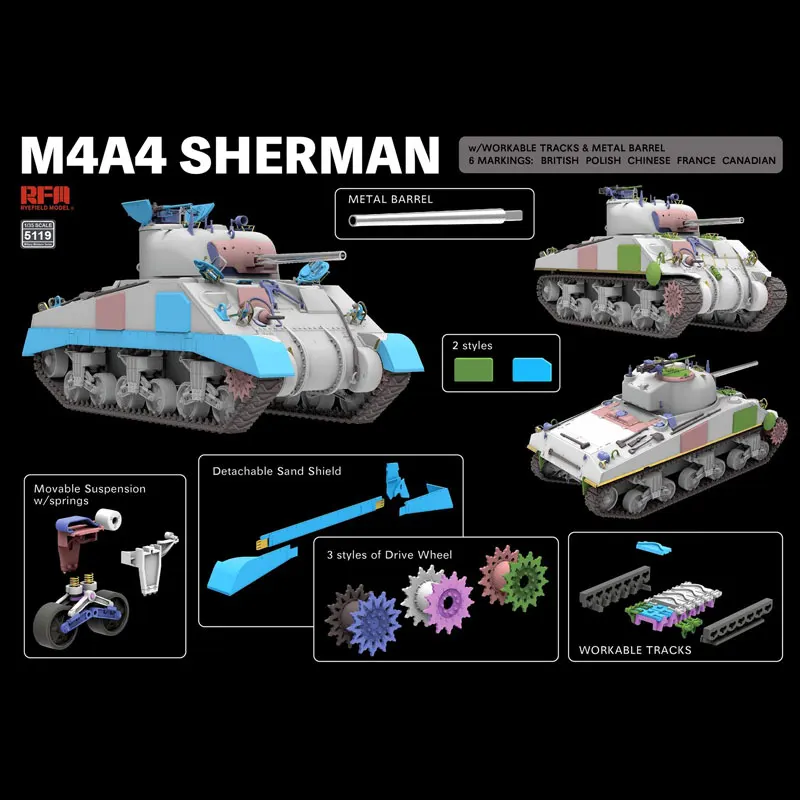 1/35 Ryefield model building kits RM-5119 M4A4 Sherman tank, for birthday toys, collectible gifts