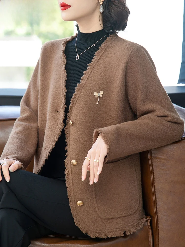 

Double-Faced Woolen Coat Ele Mom Sle Autumn Winter Faion Outerwear for Middle-Aged Women Korean Rain Sle Jaet