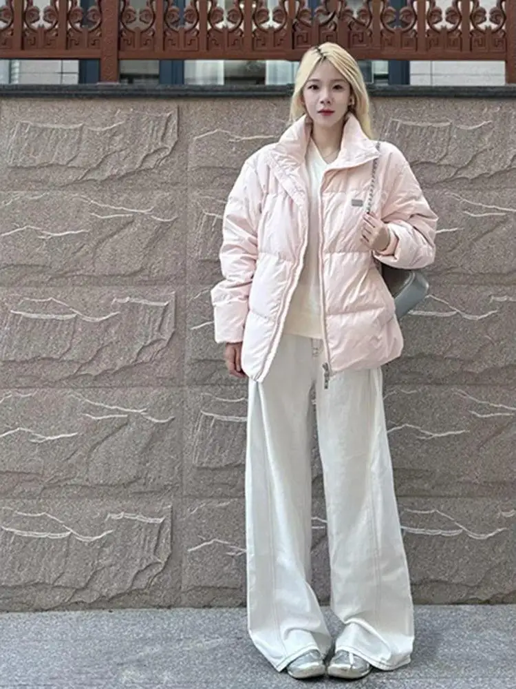 

Новая зимняя американская хлопковая куртка с воротником-стойкой, теплая, универсальная, свободного кроя, с эффектом стройности, с буквенным принтом, на молнии