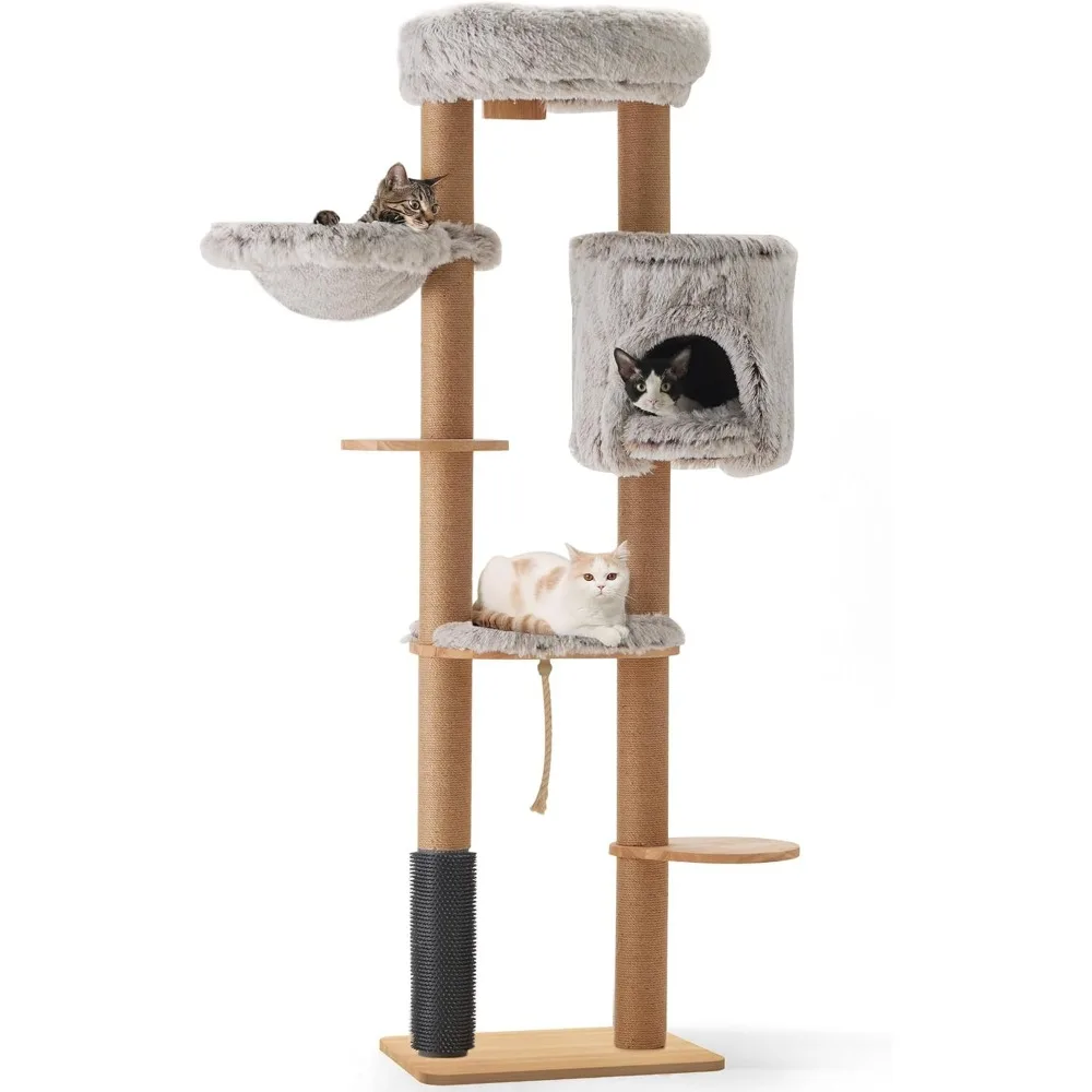 Torre para gatos de 74 pulgadas montada en la pared, árbol para gatos de varios niveles alto con poste rascador de yute, cesta colgante, percha para gatos extragrande