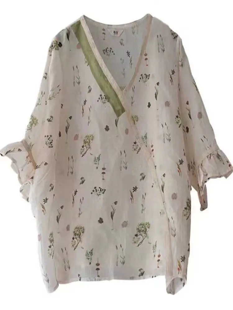 Nuovo cinese Sle donna estate lino stampa irt vintage costume da tè allentato Top cinque quarti Sve V-Ne traspirante