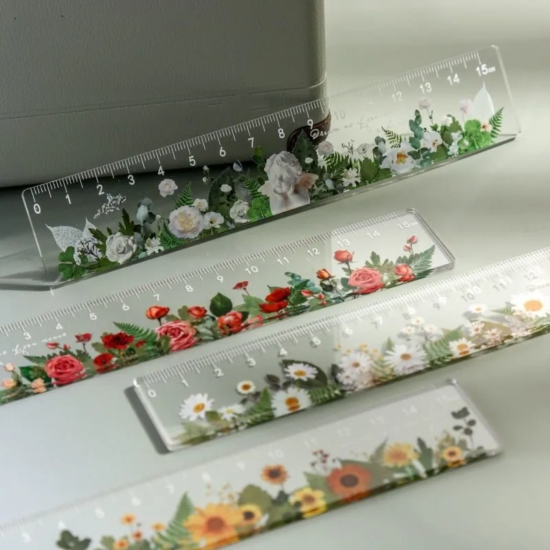 Transparent Ruler Drawing Tool Student Aesthetic Stationery Rose Pattern Pretty School Supplies Accessories Architecture Ruler
