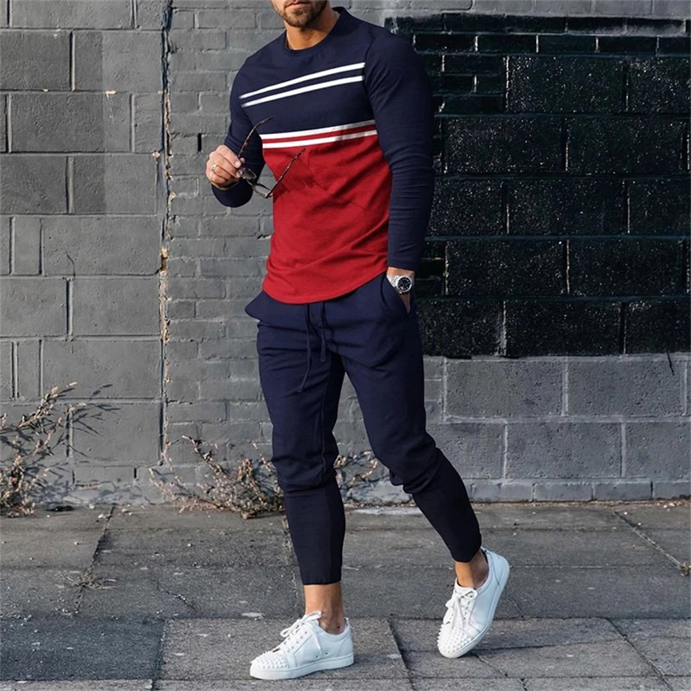 Men\'s Sweat-shirt Set Print Long Sleeve T Shirt Pants Suits O Neck Tops Sweatpants Sportswear Male Tracksuits Sets Men Clothing