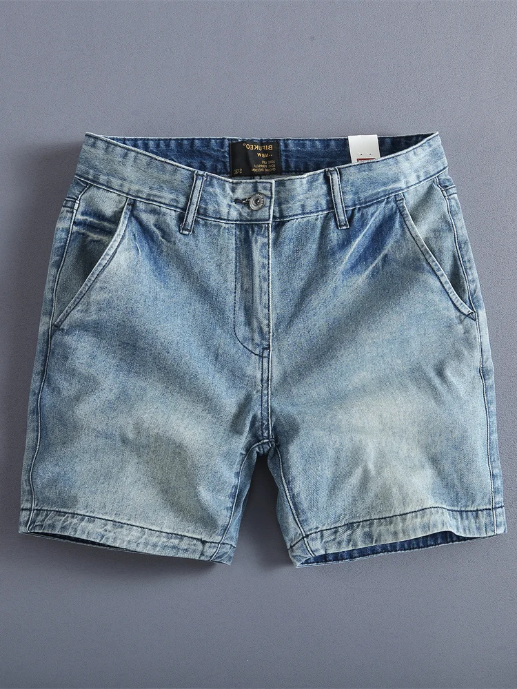 Retro American Washed Pure Cotton Denim Shorts Slim Straight Casual Summer Trendy Brand Youth Active Knee-Length Shorts