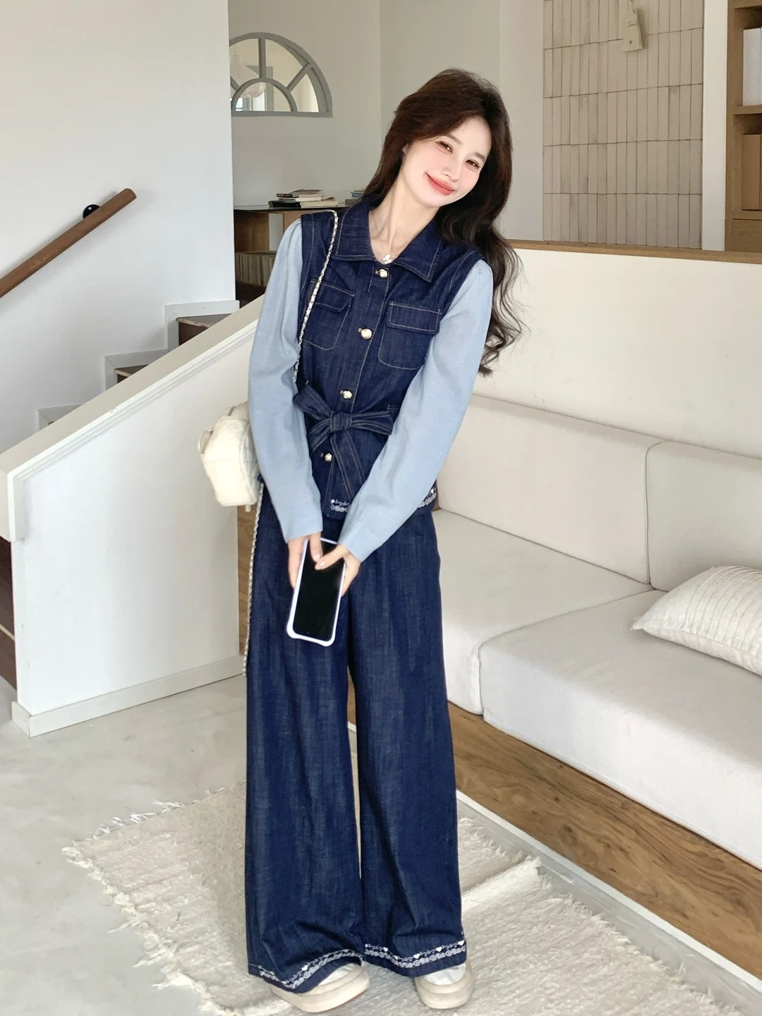 

Deep Blue Denim Two-Piece Set Women's Fashion Spring Autumn Wide Leg Pants High Waist Short Shirt Chic Style Button Closure