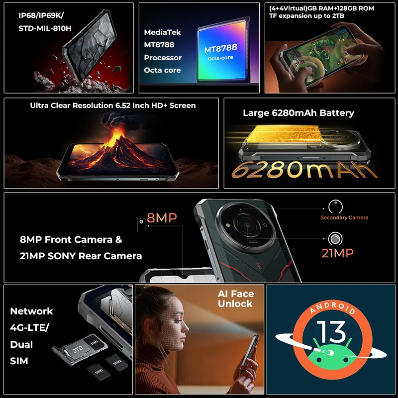 2025 Global HOTWAV T7S Rugged Smartphone Android 13 6.52'' 6280mAh Battery Cellphone 4GB+128GB 8MP+21MP Camera Mobile Phone