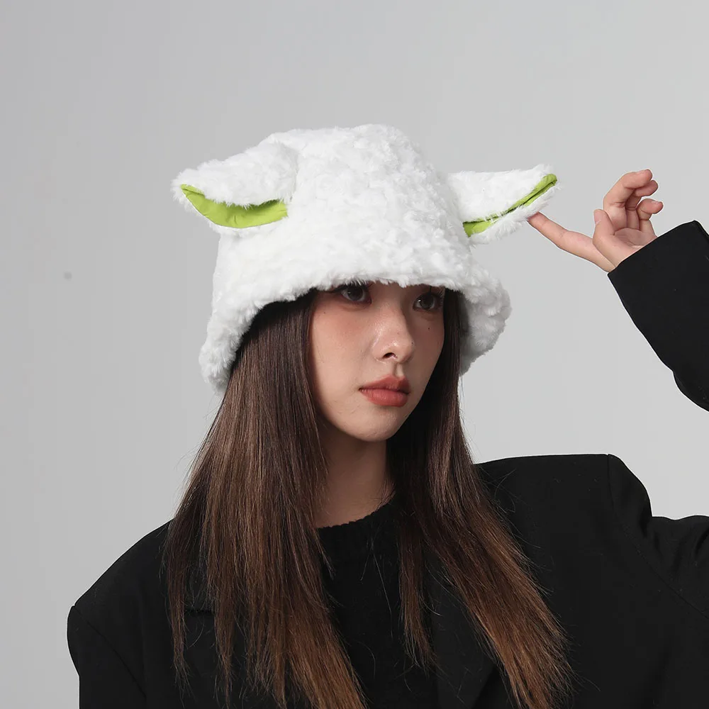 2024 NEW Funny Fashion Autumn Winter Leopard Fur Bucket Hat sheep Ear Ball Plush Fisherman Hat Soft Warm Thick Basin Bucket Hats