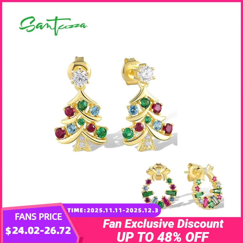 

SANTUZZA серьги из стерлингового серебра 925 пробы для женщин, сверкающая рождественская елка и венок, зеленые, красные драгоценные камни, забавные праздничные подарки, ювелирные украшения