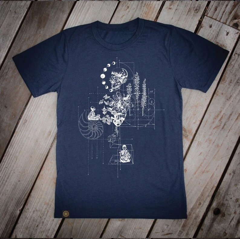 Blueprint Hemp T-shirt Made in USA Sacred Geometry Spirit Ancient Sacred Flower of Life Buddha Shirt Meditation Tops