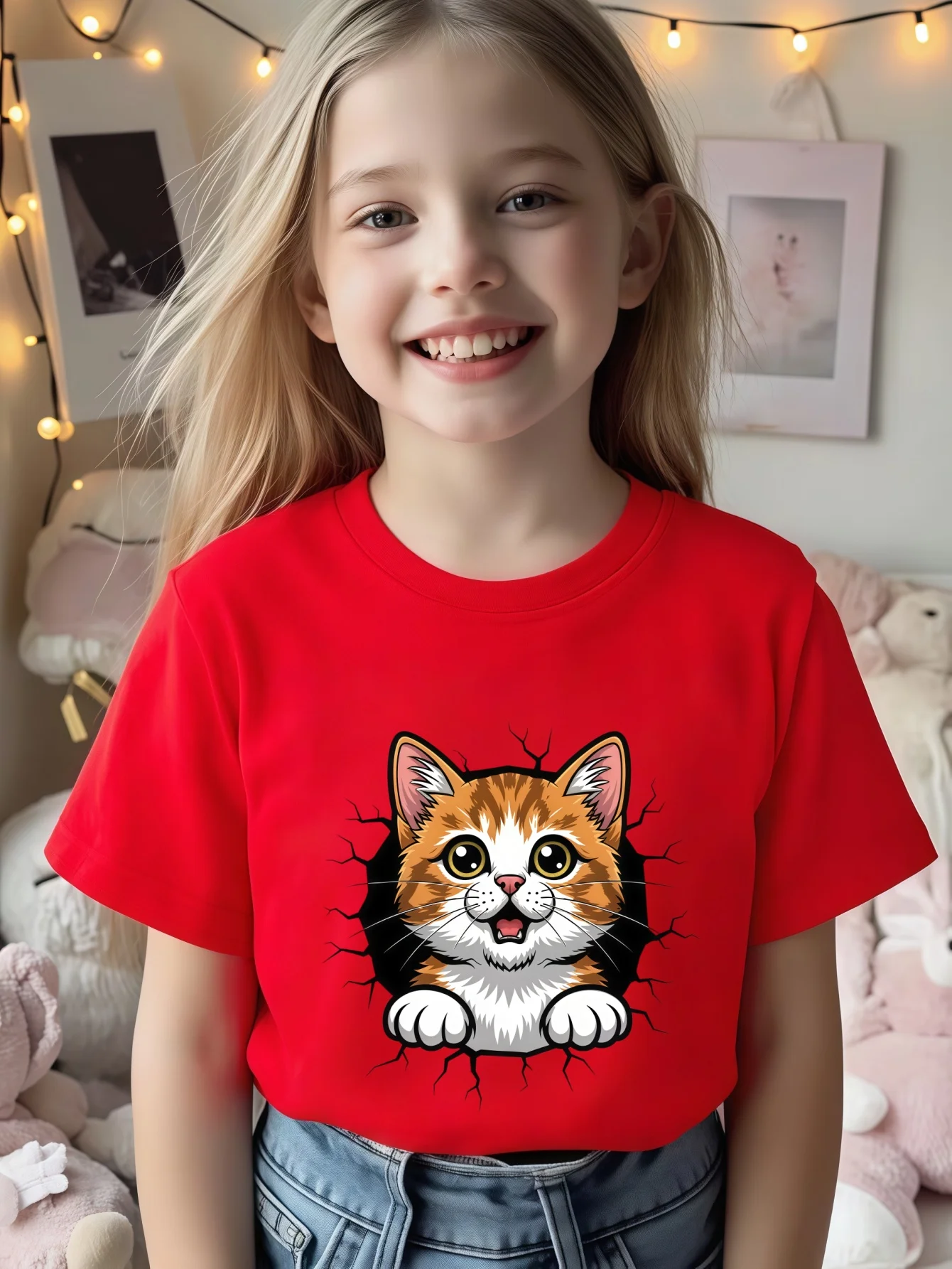 Crack Wall Peeking Orange Kitten Kids T Shirt Boys Girls Short Sleeve Crew Neck Cotton Parent Matching Tops Toddler Youth