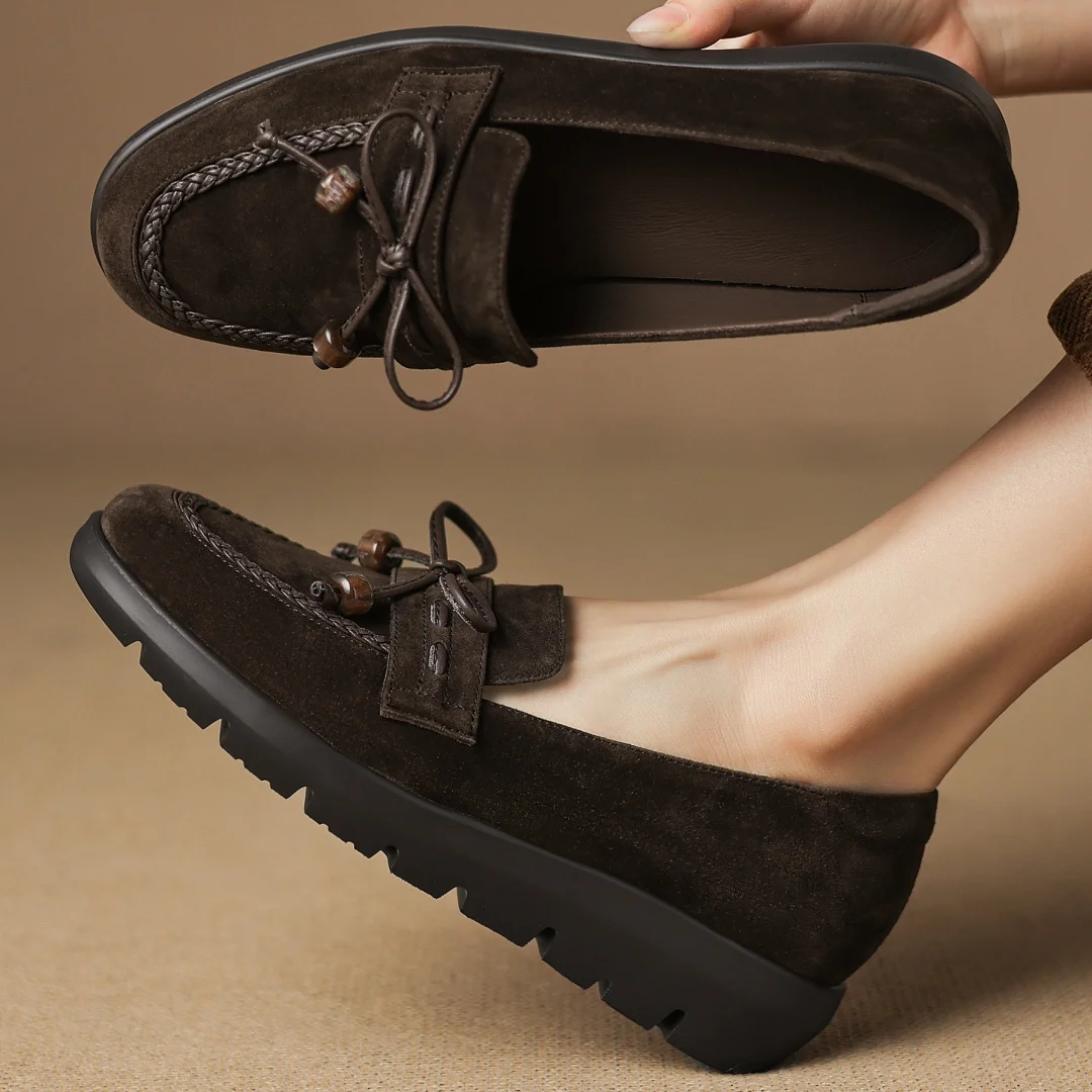 

Women's natural suede leather round toe sweet bowtie beading slip-on thick sole platform flats loafers casual moccasins shoes