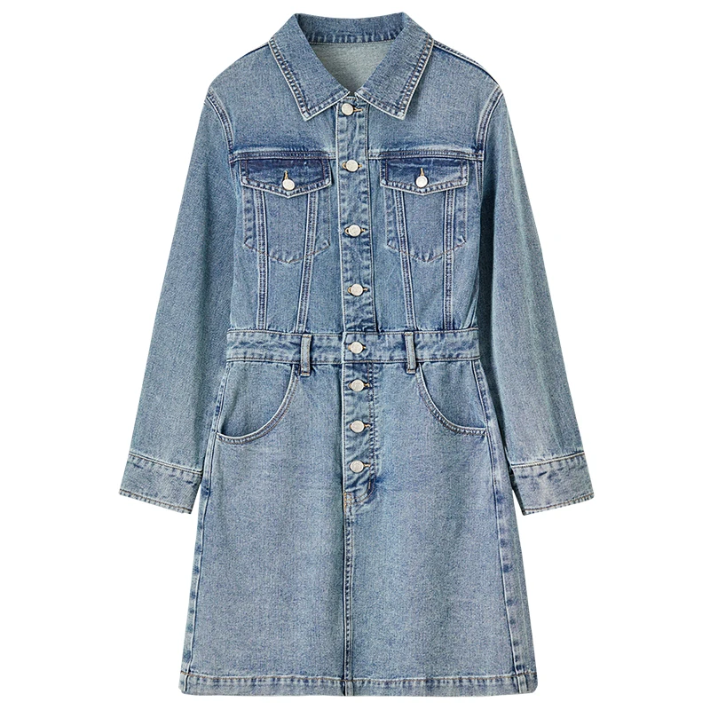 SENTUBILA 100% قطن فساتين من قماش الدنيم للنساء 2025 ربيع خريف خمر موضة غسلها الدنيم زر فستان قصير مع حزام W51L58769