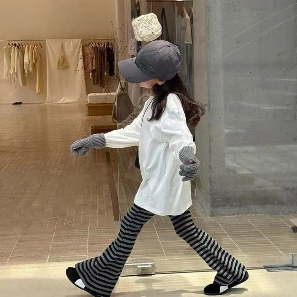 الربيع والخريف الأطفال عارضة زي المألوف الشارع نمط الفتيات الملابس مخطط مطبوعة متوهج السراويل