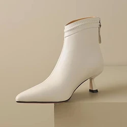 Krazing Pot Fashion Cow Leather Pointed Toe Winter Keep Warm Modern Boots Thin Med Heels Beauty Lady Dance Party Ins Ankle Boots