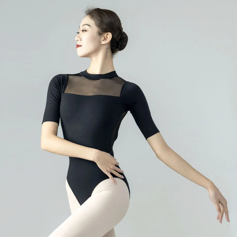 بدلة تدريب رقص نيسيي شبكية بأكمام قصيرة، ثياب باليه لليوجا والجمباز