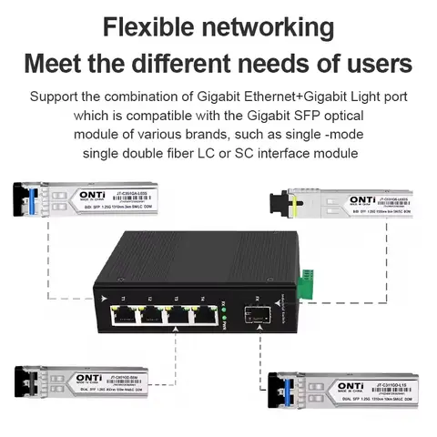 ONTi – commutateur industriel à Fiber Gigabit 5/6 ports, avec commutateur Ethernet SFP 10/100/1000Mbps 4GE +1(2)SFP -40 à 85 ° C Rail DIN IP40 8KV