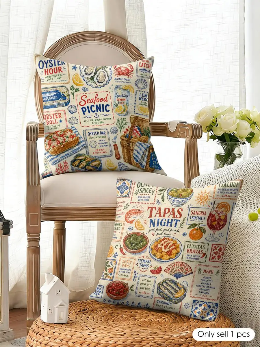 Food Fruits Desserts Puzzle Pattern Cushion Cover Natural Linen Organic Fabric Double-Sided Printing Breathable For Home Decor