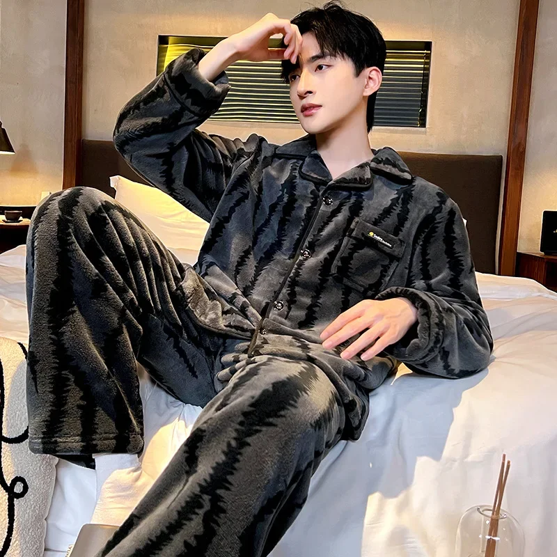 2025 New Winter Warm Coral Fleece Men Pajama Sets Flannel Tops + Long Pants  2 Pieces Pajamas Sleepwear Lapel Button Homewear