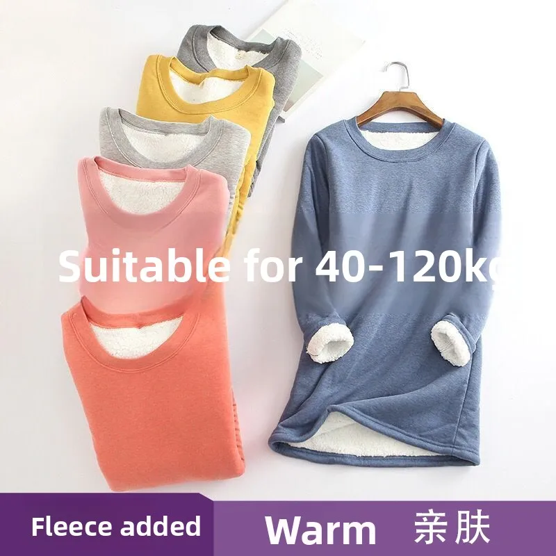 plus Size Warm Long Sve Fce Lined Mid-Length Slim Fit T-irt Base irt for Autumn Winter Thiened Cotton Women's Top