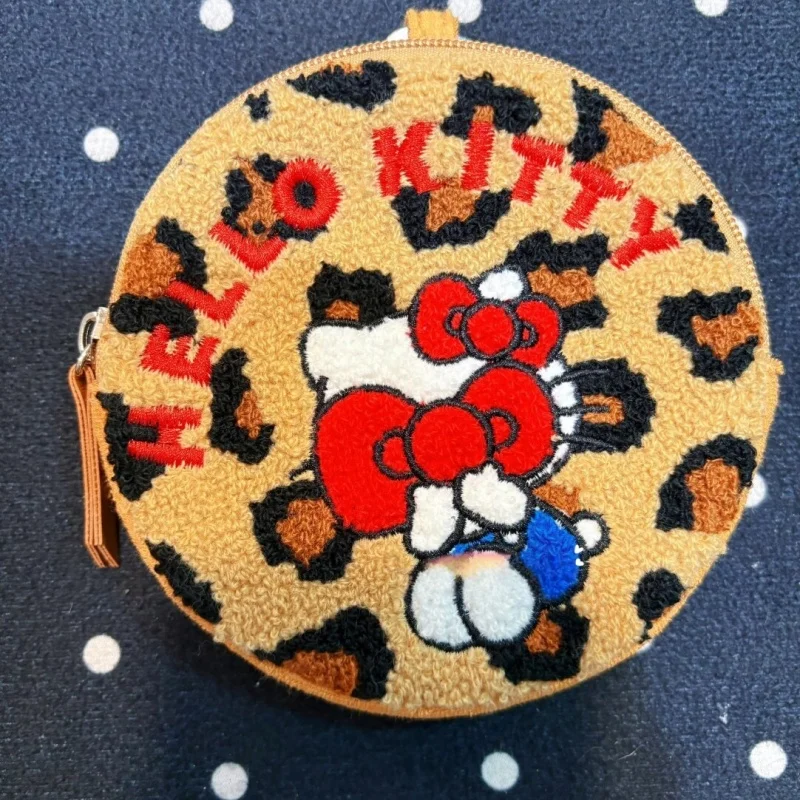新しいハローキティヒョウ柄丸型ぬいぐるみ収納バッグ黒革キティ猫コイン財布化粧品旅行収納大容量バッグギフト