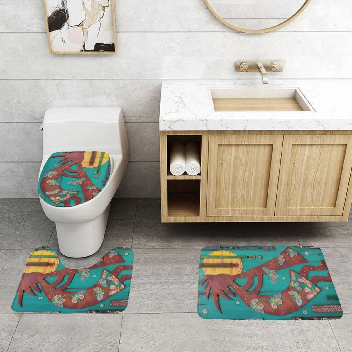 Custom Kokopelli The Flute Player 3 Piece Bathroom Rugs Set Non-Slip Aboriginal Tribal Pattern Toilet Bath Mat Sets