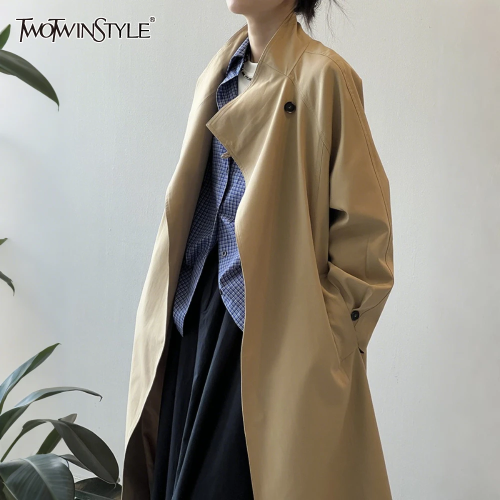 TWOTWINSTYLE Solid Spliced Lace Up Trench Female Turtleneck Long Sleeve Loose Casual Basics Women's Trenchs Autumn Style Fashion