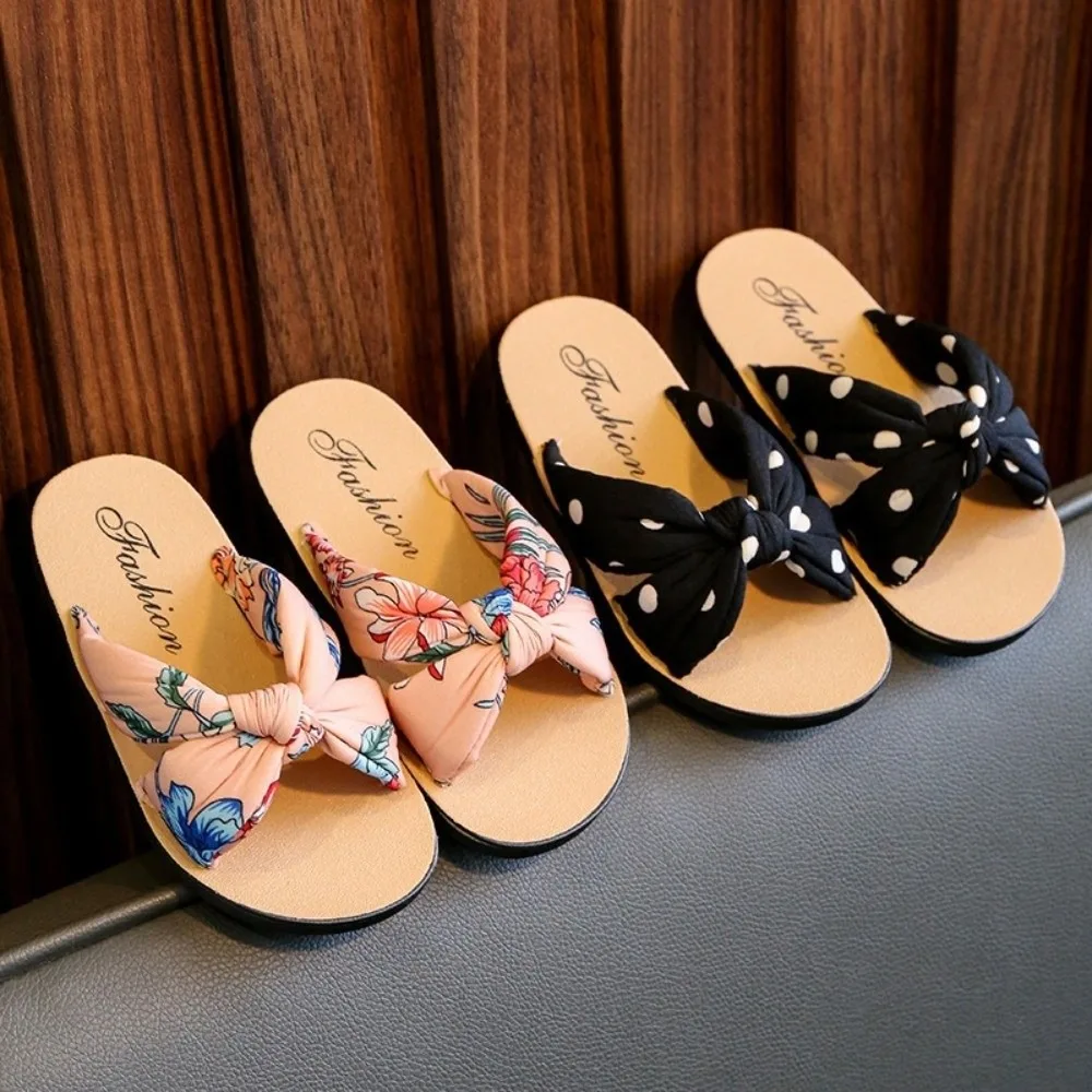 Cute Open Toe Toddler Bow Sandals Soft Sole Non-Slip Beach Sandals Floral Pattern Casual Slide Sandals for Little Girl