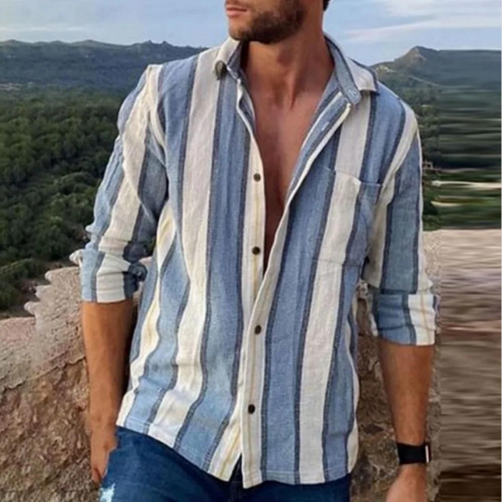 

Striped minimalist men's linen shirt beach casual button up shirt long sleeved lapel shirt