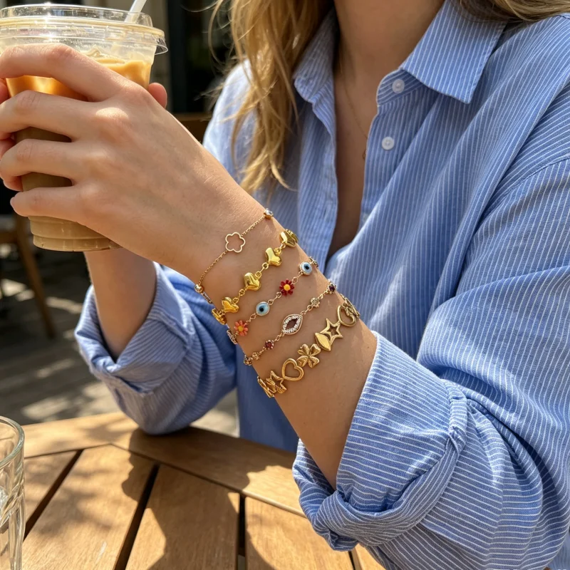 Stainless Steel Romantic Colorful Flower Heart Eye Bracelet for Women Fashionable Elegant Stackable Geometric Jewelry Gift