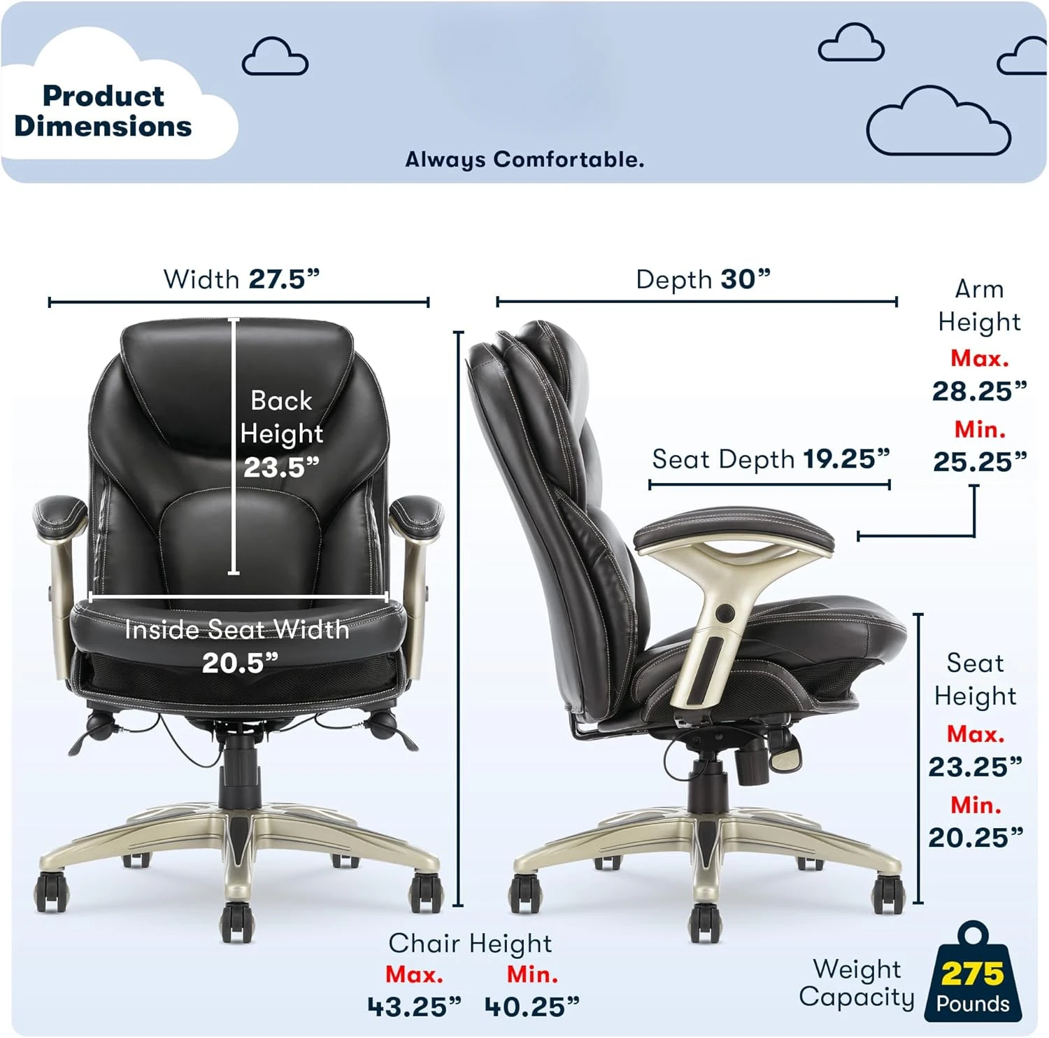 Chaise de bureau de direction avec technologie Back in Motion, chaise de bureau à dossier moyen réglable avec support lombaire, cuir collé