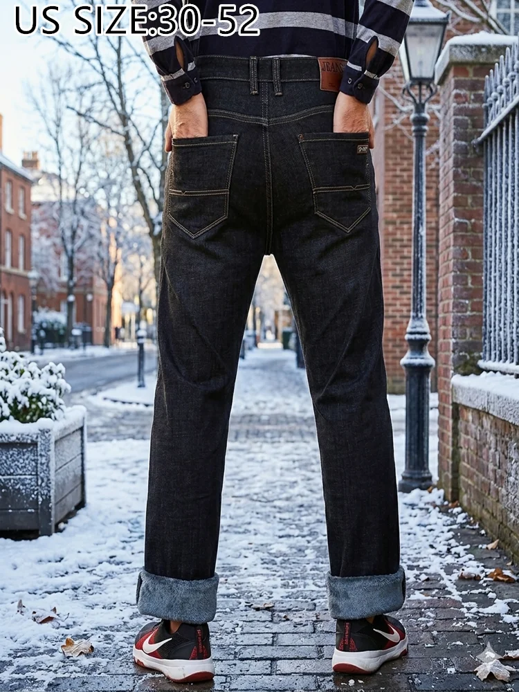 Winter Jeans Fleece Warm Black Men Straight Pants Thicken Large Size Plus 44 46 48 50 52 Loose Stretched Autumn Denim Trousers