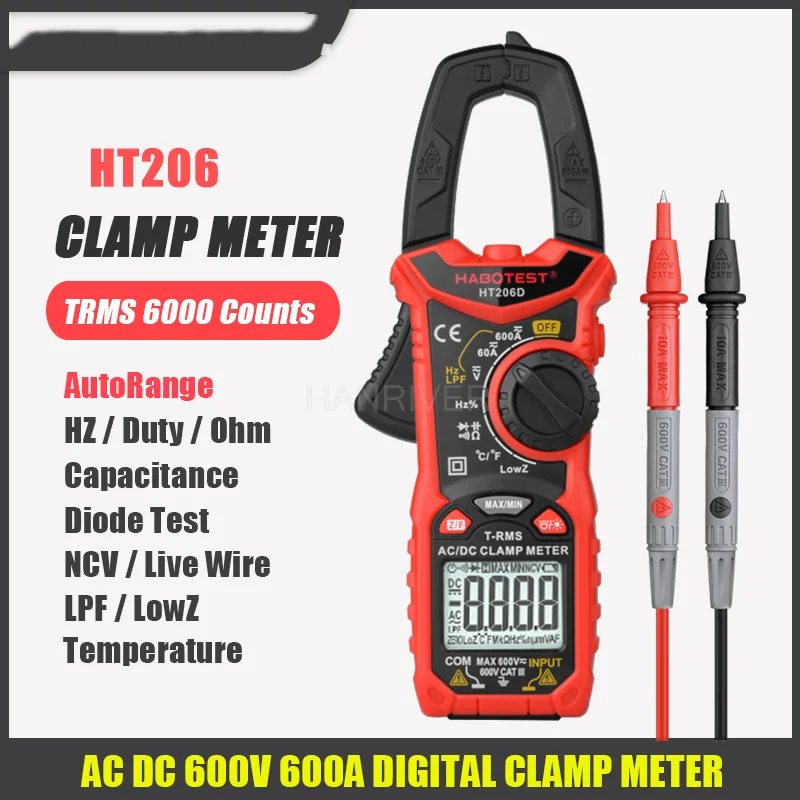 HT206 AC Digital Clamp Meter Multimeter Pinza Amperimetrica True RMS High Precision Capacitance NCV Ohm Hz Tester