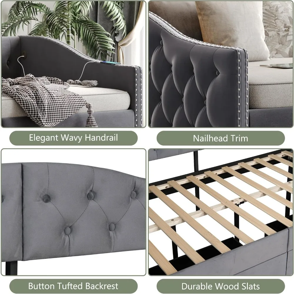Daybed Ukuran Twin Berlapis Kain dengan Penyimpanan, 2 Port USB, Rangka Kayu Kokoh, Ideal untuk Kamar Tidur, Tidak Perlu Box Spring