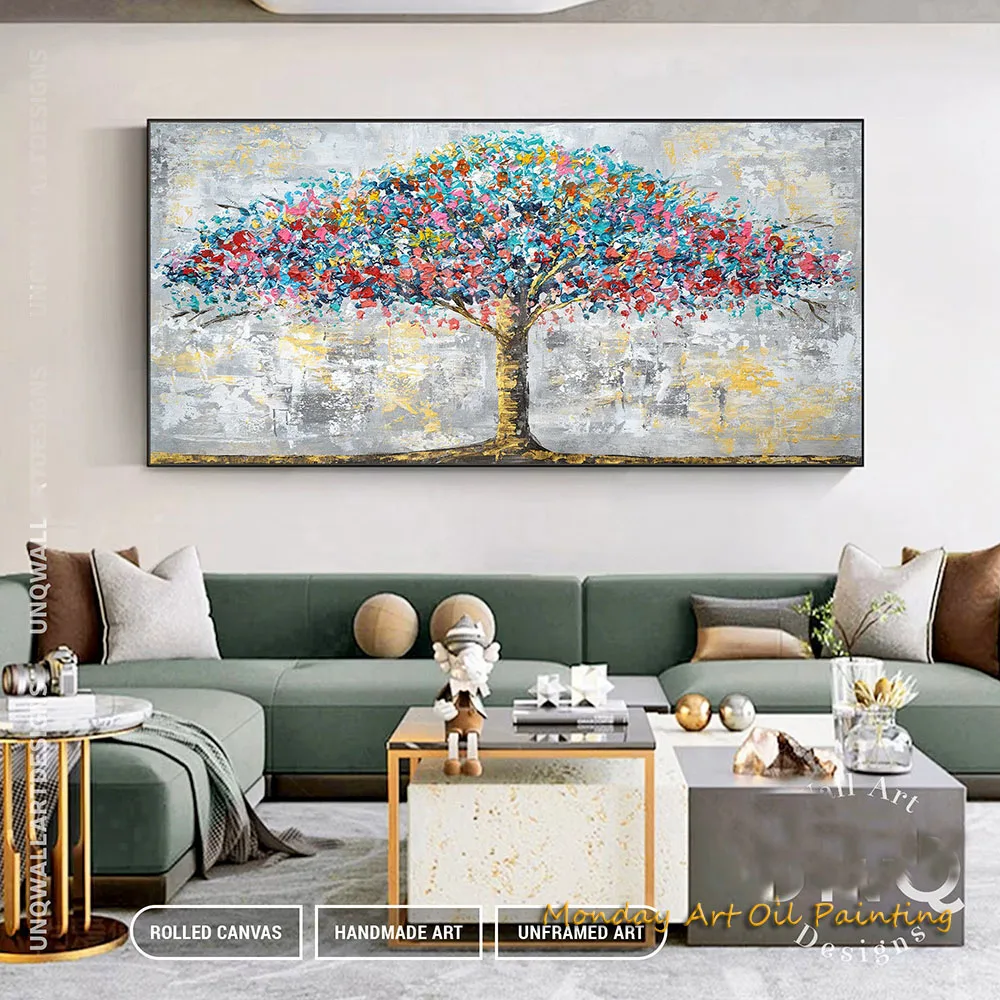 Abstract Hand Painted Oil Painting Blooming Colorful Tree On Canvas Original Plant Floral Artwork Landscape Bohemian Wall Decor