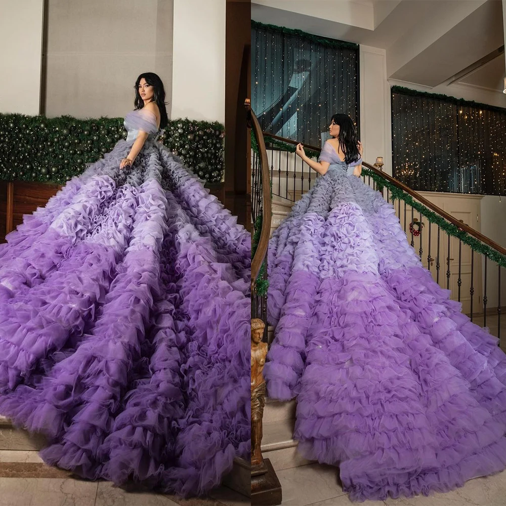 Sxey Puffy Purple Prom Dress Off Shoulder Tiered Ruffles Sweep Floor Lady Party Bridal Wedding Evening Gown