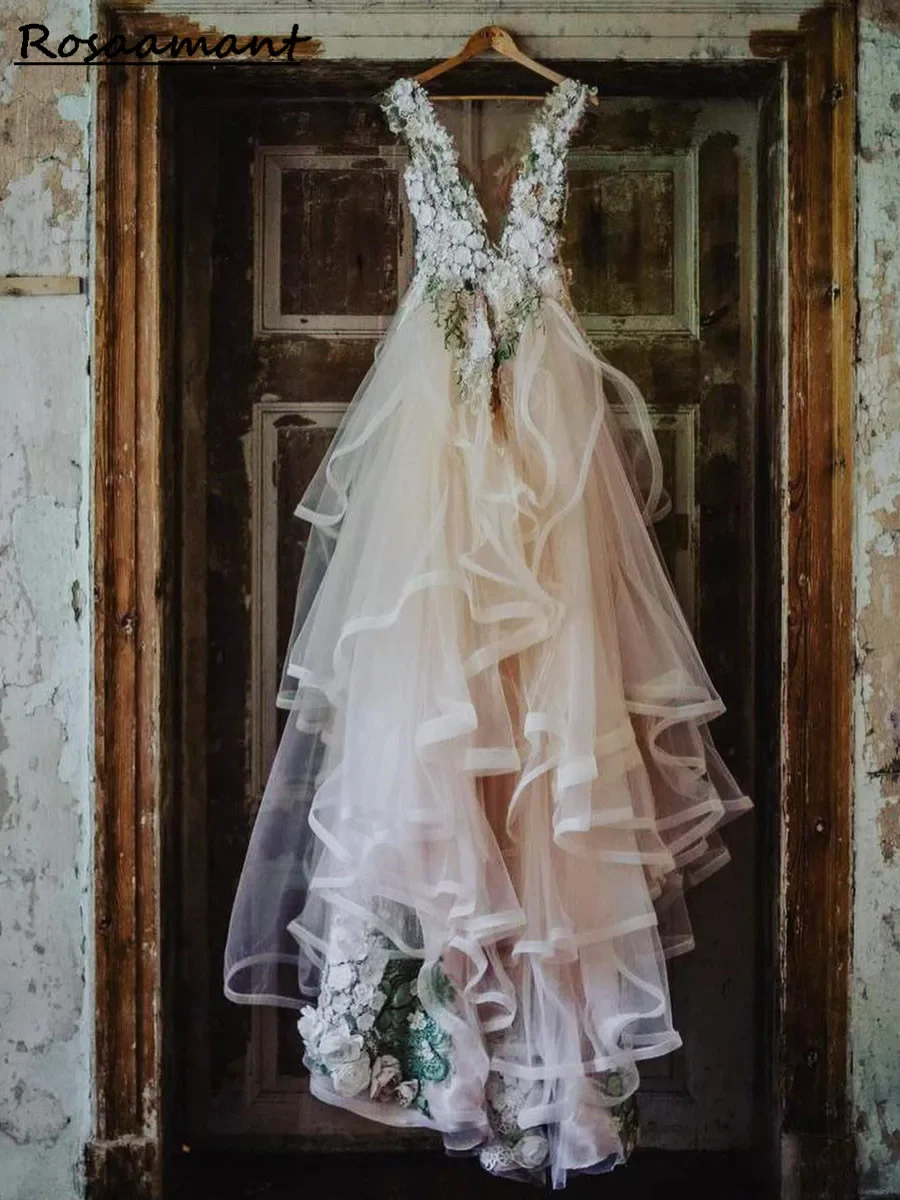 2025 Abiti casual Giardino 3D Fiore Foglia Abiti da sposa in pizzo Abiti Modesto Backless A-line Lungo Tulle Festa floreale da sposa
