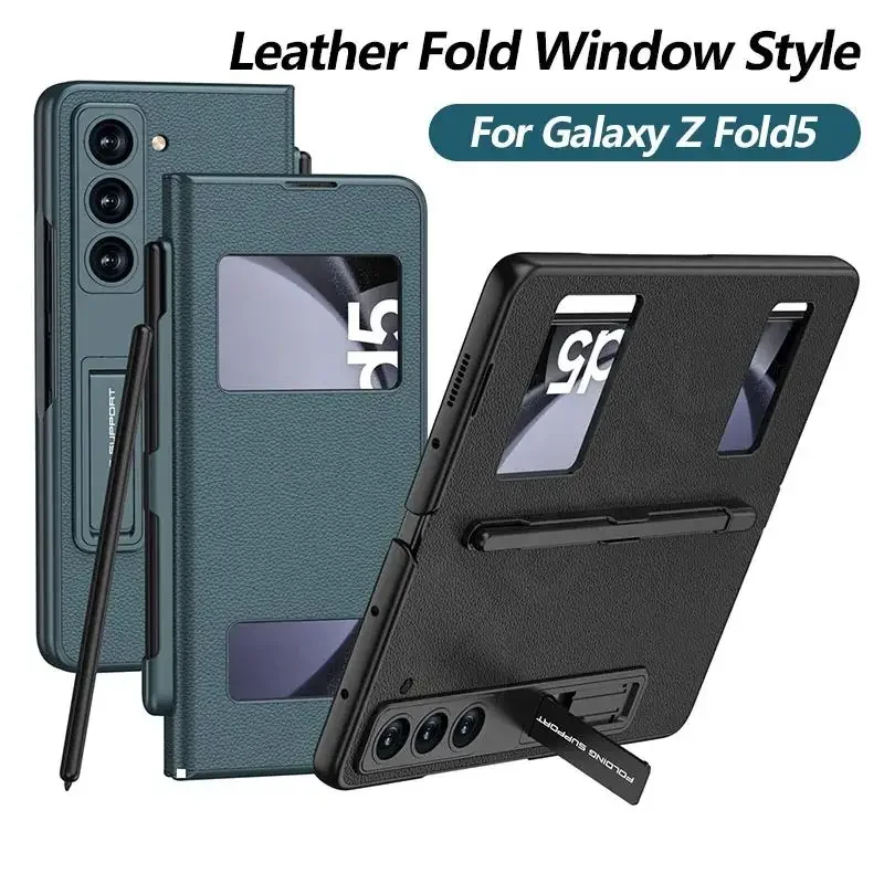 

Luxury Leather Fold Pen Holder Case For Samsung Galaxy Z Fold 5 With Pen Open Window Hard Stand Cover For Galaxy Z Fold5 Case