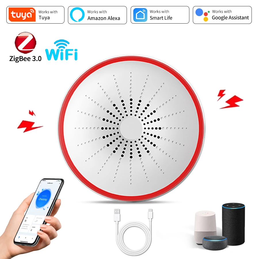 Tuya WiFI ZigBee Smart Sound Light Alarm Siren Sensor 85dB Home Security System Work With Smart Life App Alexa Google Assistant