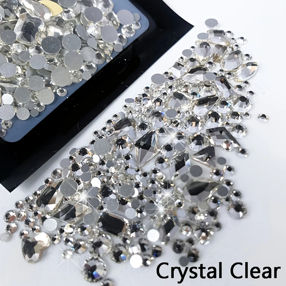 180pcs Mix-Shaped AB Flatback Nail Diamond Rhinestone Glass Rhinestones DIY Aurora Crystal 3D Rectangular Strass Nail Decoration