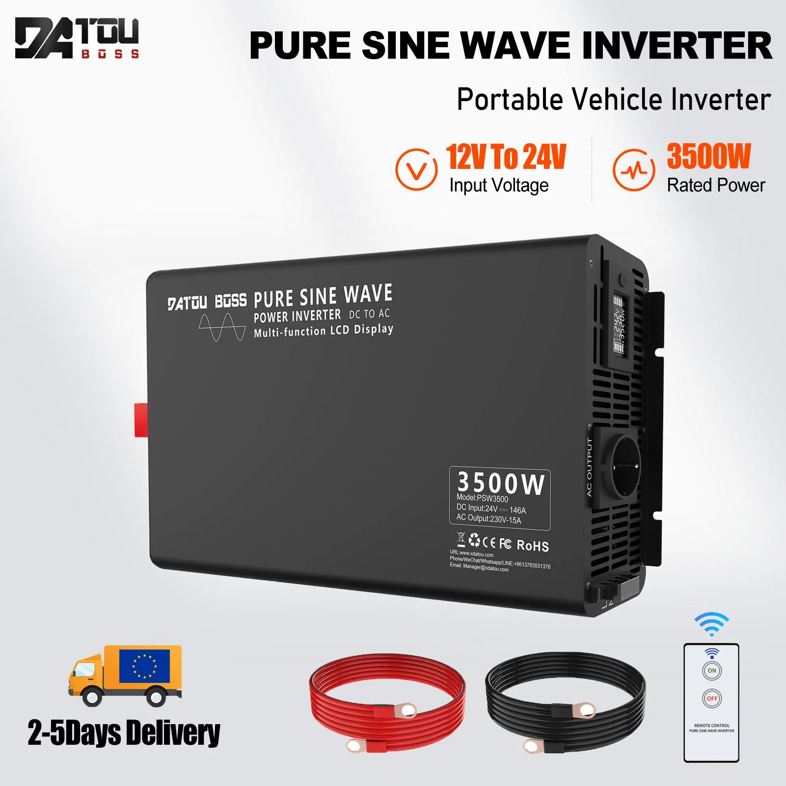 DATOUBOSS 3500W Inverter a onda sinusoidale pura da 24V a 230V AC 7000W Potenza di picco Display LCD Telecomando per sistema solare domestico